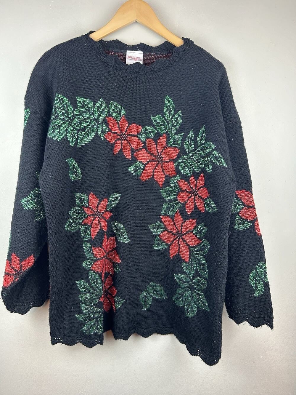 VTG 80s 90s Holiday Time Christmas Sweater Womens Large Black Red Poinsetta